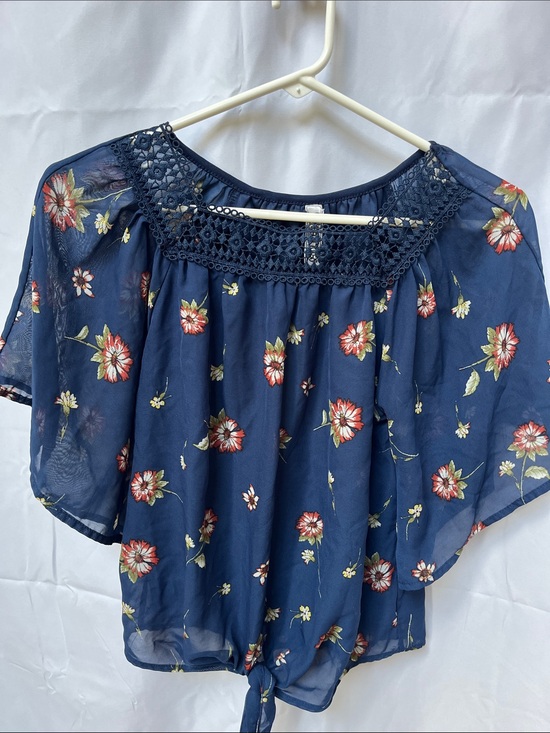 Beautees Tops - Beautees Navy Floral Crochet Yoke Tie-Front Blouse